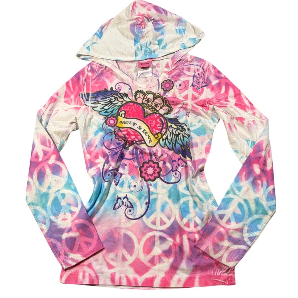 Y2K Grunge Mcbling EdHardy Inspired Pink Peace Sign Hope Love Winged Heart Too